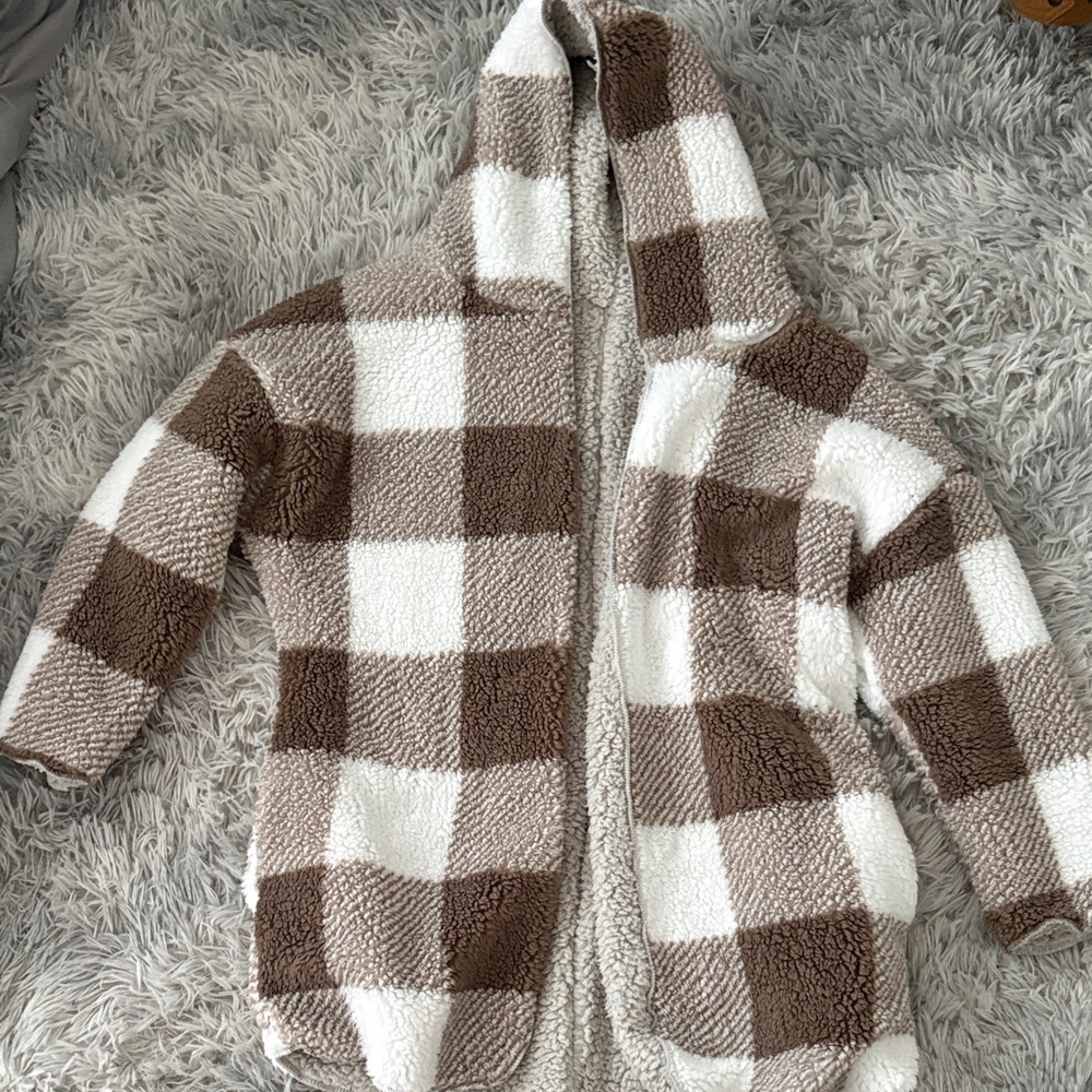 Cozy Hooded Plaid Jacket- Brown & White Plaid